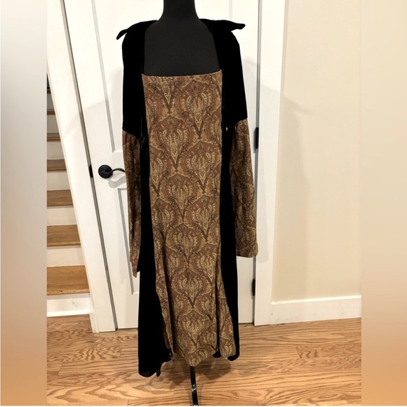 Renaissance gown black velvet gold chocolate jacquard inset bell sleeve zip back - Picture 1 of 14